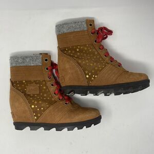 Sorel Brown Gold Star Red Lace Up Sorel Lexie Wedge Boots Size 5